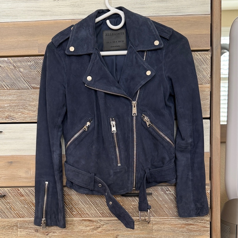 AllSaints Women's Dark Navy Suede Moto Jacket